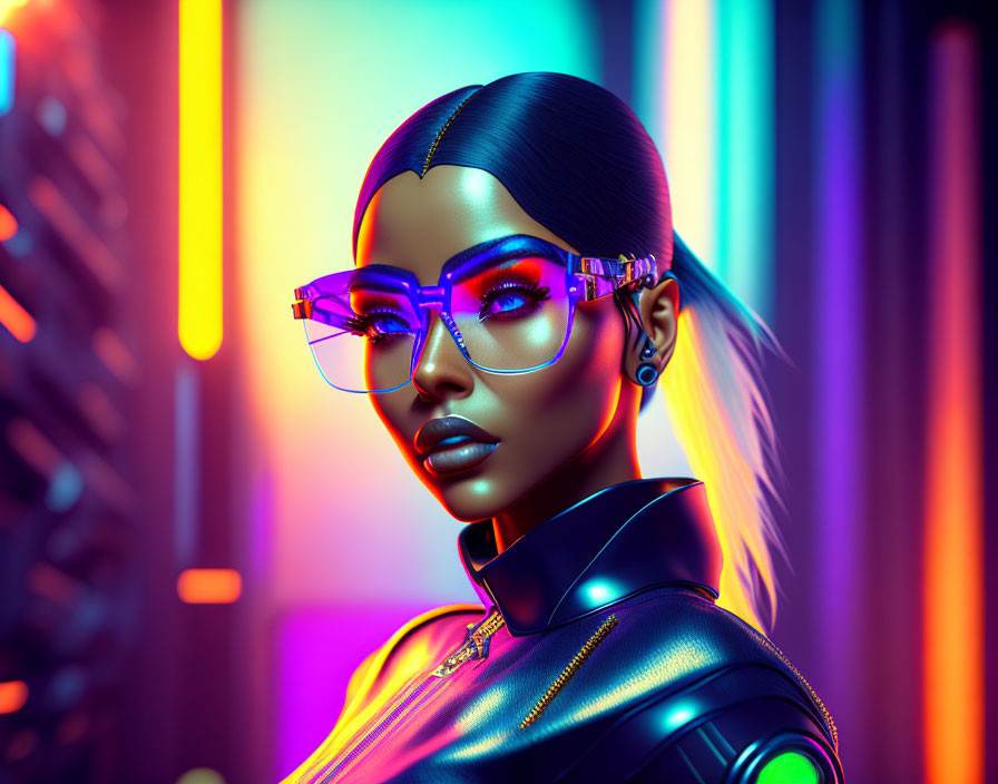 Digital portrait of woman with sleek hair and futuristic sunglasses in neon lights