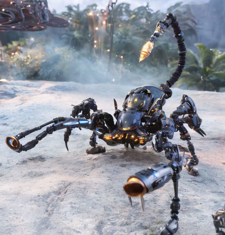 Robotic scorpion in chaotic battlefield with glowing orange elements and drones in smoky blue environment