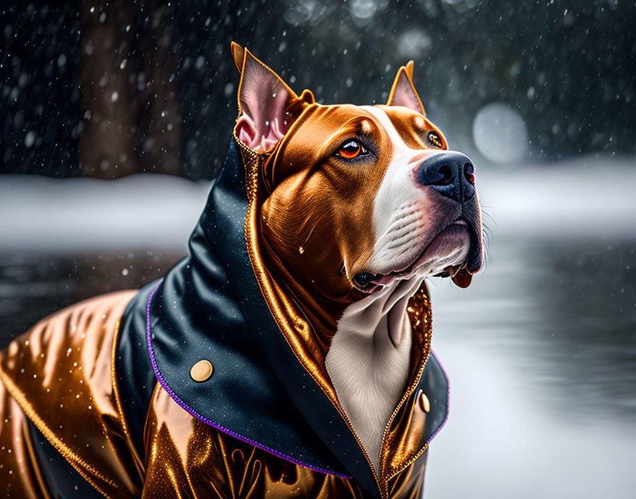 Dog in Golden Jacket Amid Falling Snowflakes