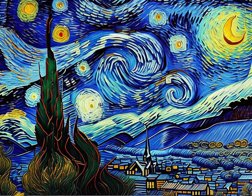 Starry Night Painting with Crescent Moon and Cypress Tree