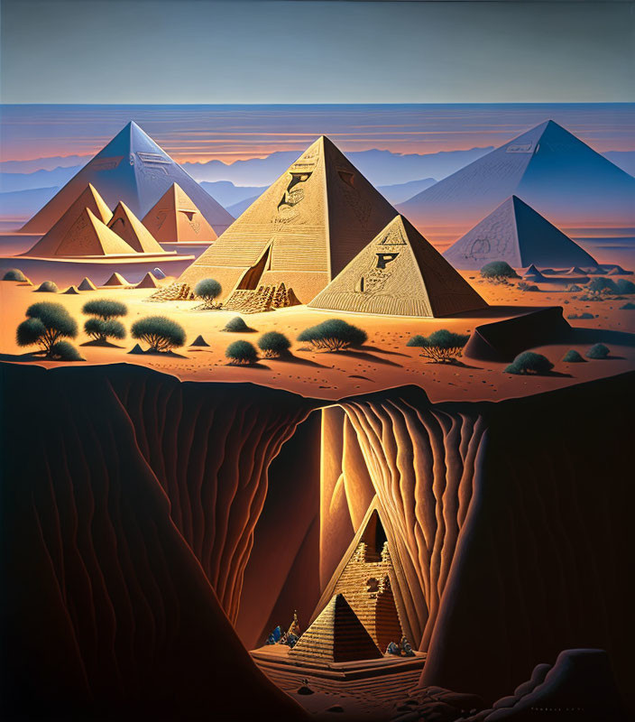 Surreal landscape with pyramids and people under gradient sky