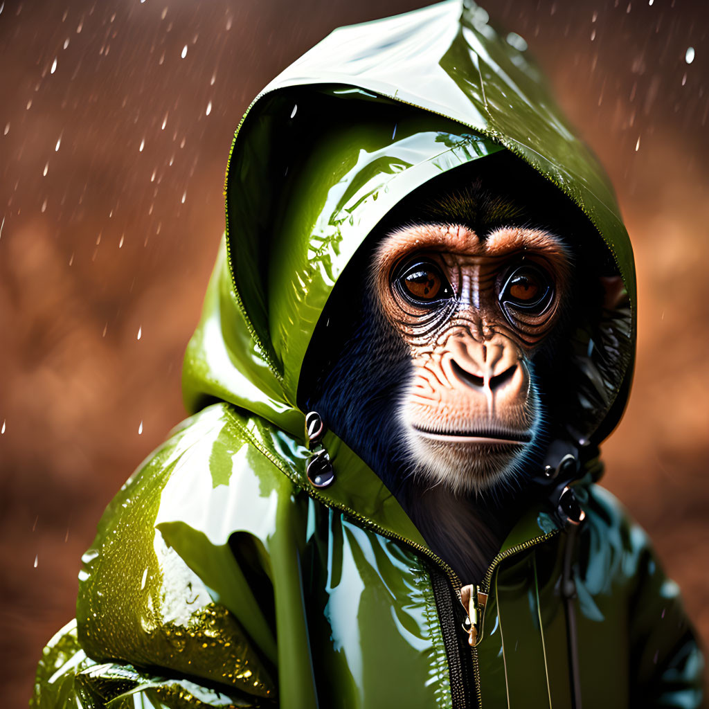 Expressive-eyed monkey in green raincoat under raindrops