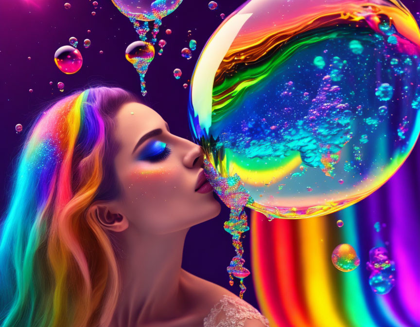 Rainbow-Haired Woman Kissing Iridescent Bubble in Neon Setting