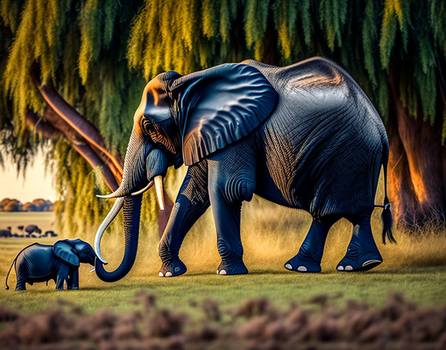 Adult and calf elephants with textured skin under sunset tree in savanna