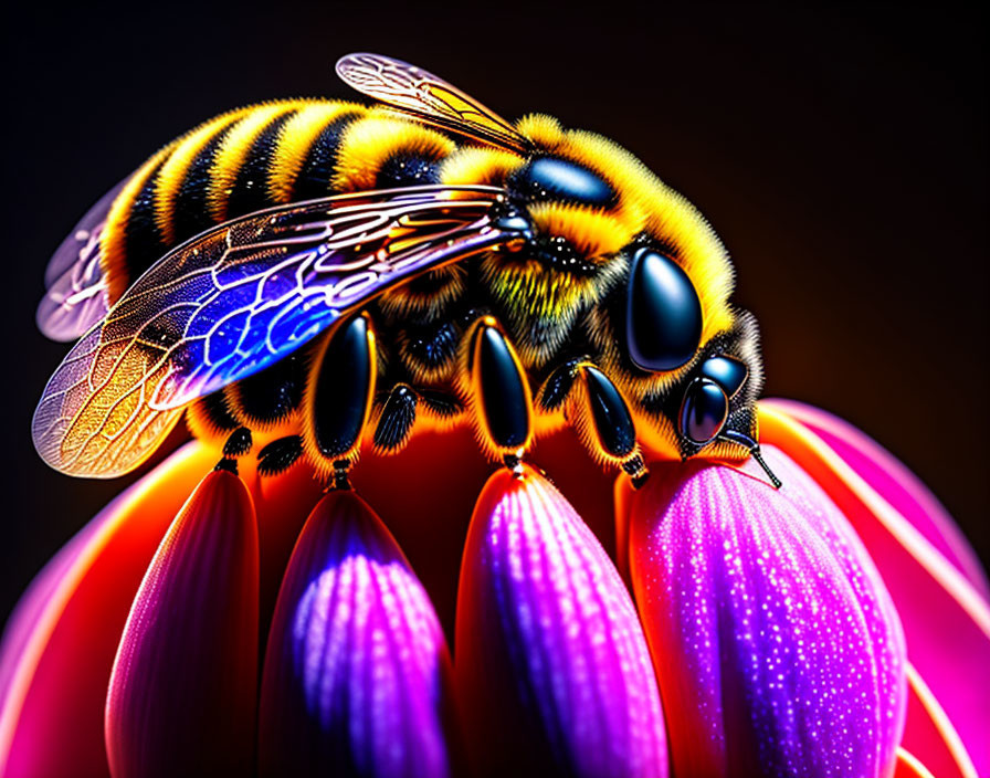 Vibrant Close-Up Image of Bee on Pink and Purple Flower Petals