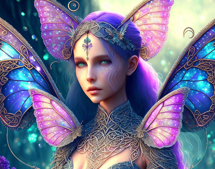 Fantasy female character with butterfly wings and glowing face markings