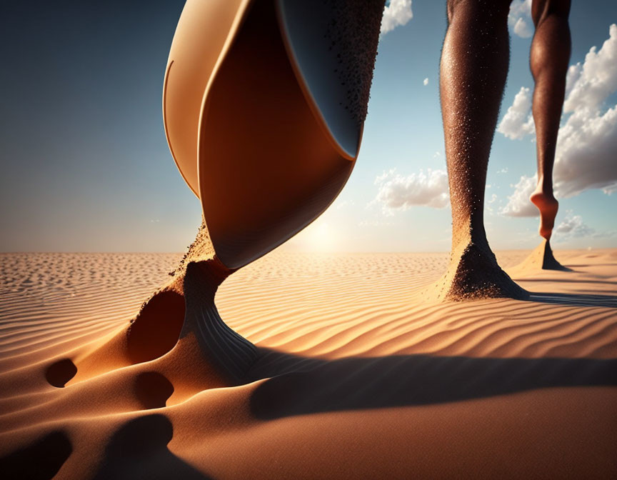 Hourglass merges with walking legs in sandy desert under golden sunset.