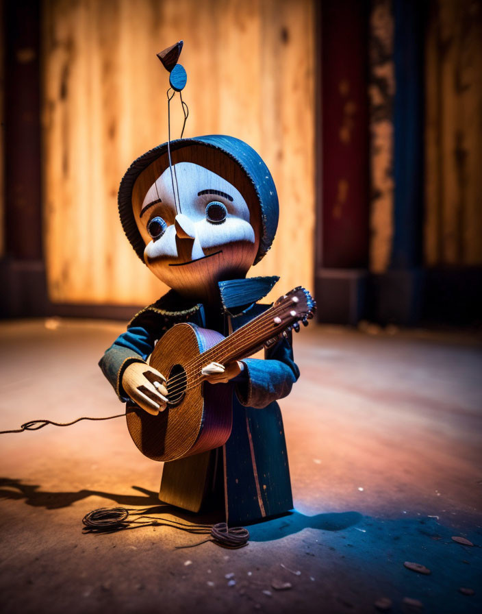 Wooden puppet with star-painted face plays guitar in blue outfit