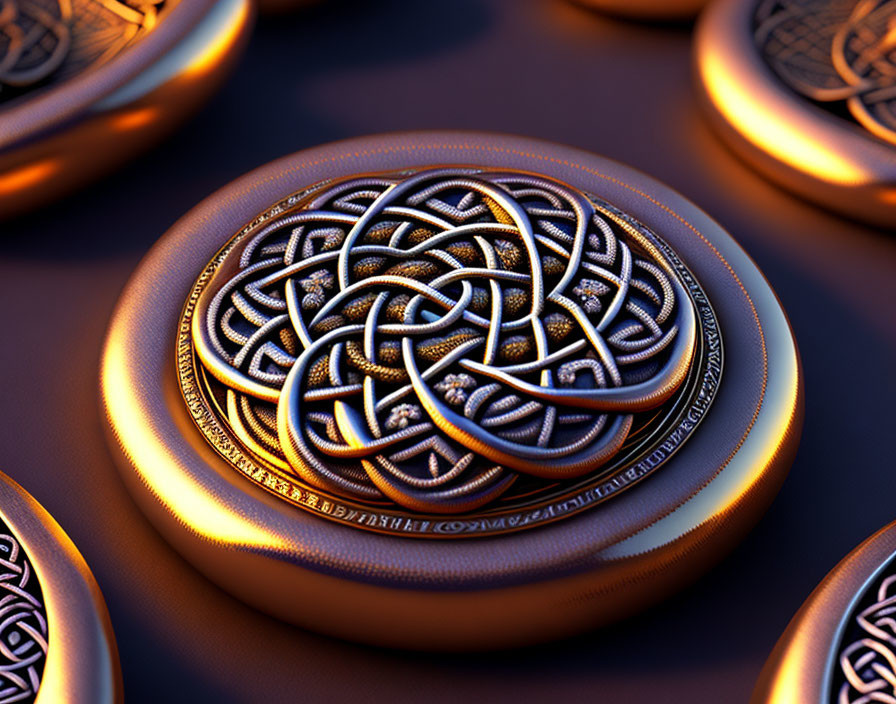 Circular Celtic Knot Pattern Amulet on Dark Surface with Inscriptions