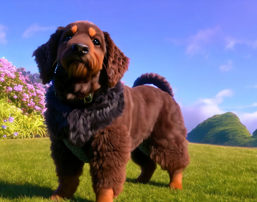 Fluffy Brown Dog with Wagging Tail in Lush Green Landscape