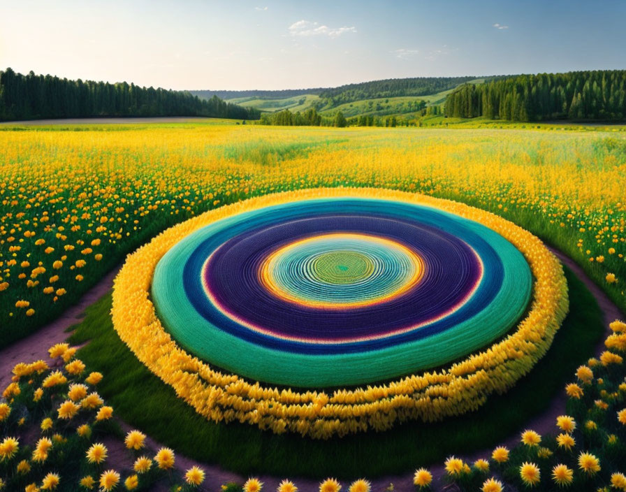 Circular Artwork: Vibrant Rings in Sunflower Field