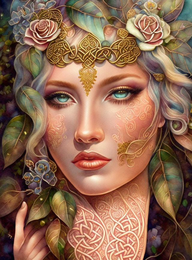 Multicolored hair woman with gold tiara, facial tattoos, lush foliage