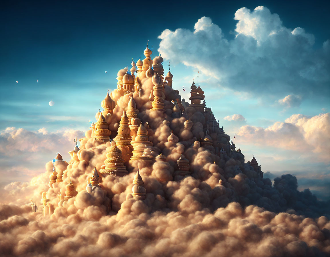 Majestic golden city with spires above clouds and blue sky