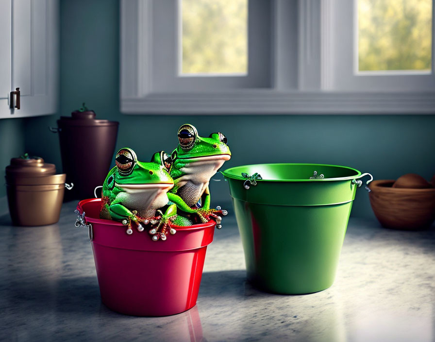 Two frogs with reflective sunglasses in buckets on kitchen counter.