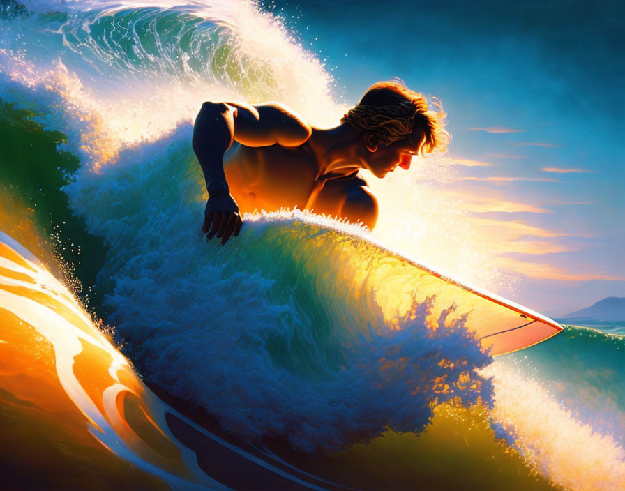 Male surfer riding large wave at sunset with focused intensity