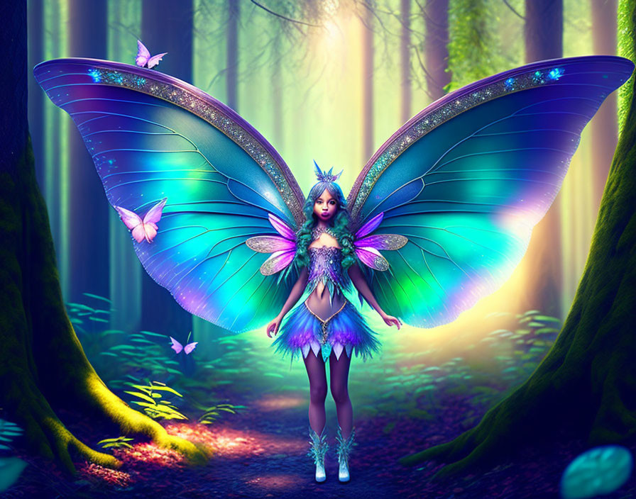 Fantasy illustration of fairy with iridescent wings in mystical forest