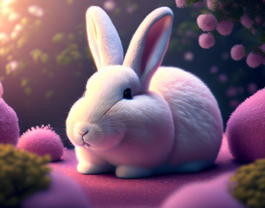 White Rabbit Surrounded by Pink Spherical Plants in Soft Lighting