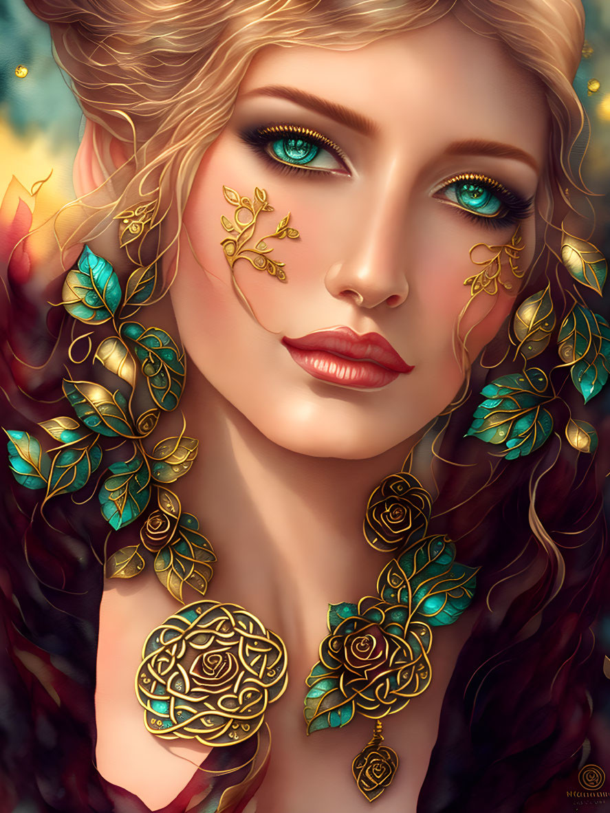Digital artwork of woman with golden leaf and flower hair adornments, green eyes, warm palette