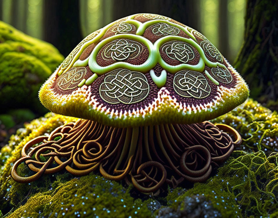 Digitally manipulated mushroom with Celtic-like patterns in forest setting