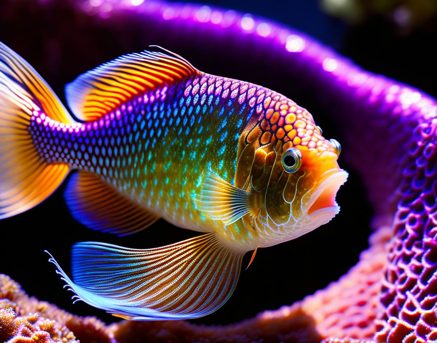 Colorful Fish with Patterned Body and Translucent Fins Swimming Near Coral