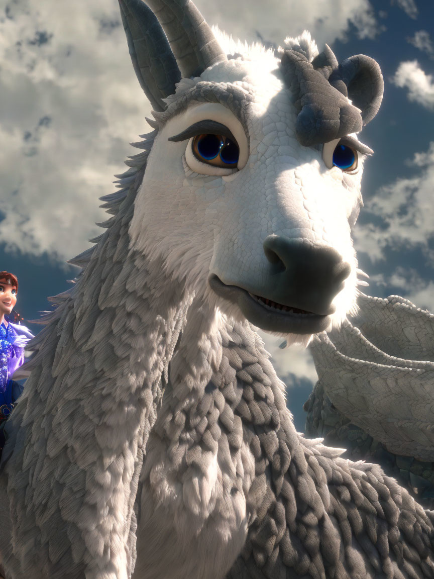 Animated dragon with fluffy white fur and blue eyes, character in blue attire behind