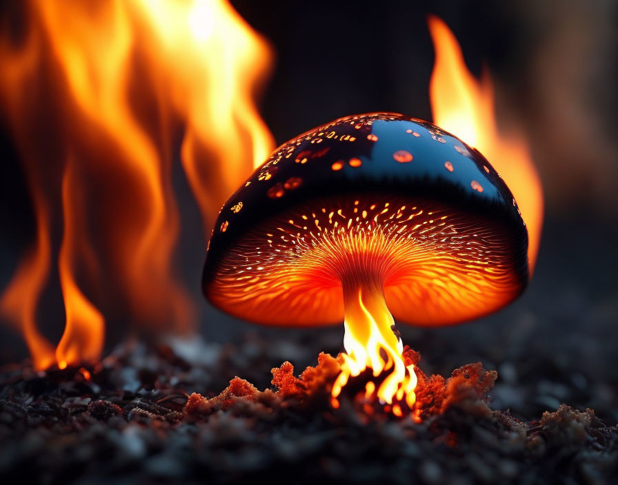 Colorful Mushroom with Glowing Underside and Flames on Dark Background