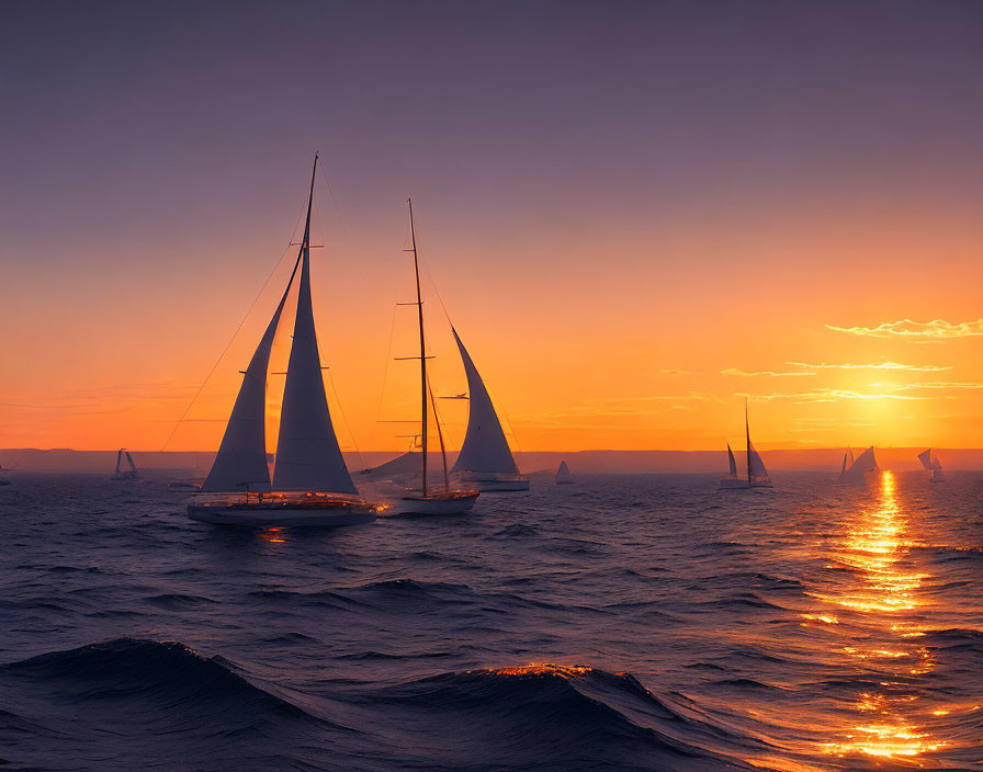Tranquil sea with sailboats at sunset and golden path