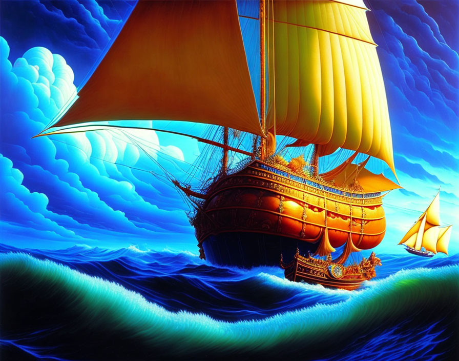 Colorful painting of grand sailing ship on blue ocean with yellow sails