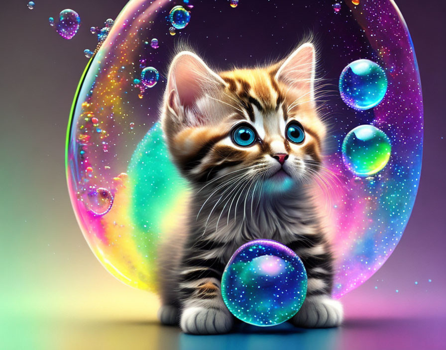 Colorful digital artwork: Kitten with cosmic bubbles on gradient background