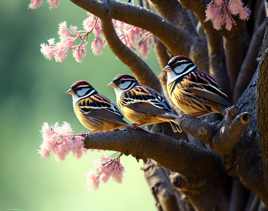 Vibrant birds on tree branch with pink flowers and green backdrop