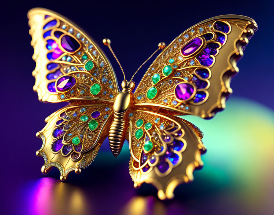 Golden butterfly with embedded jewels on purple and teal gradient background