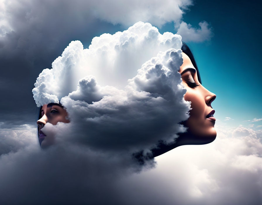 Women's side profiles blending into cloud on blue sky background