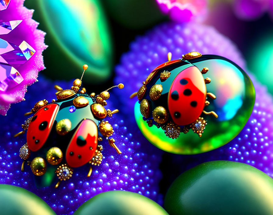 Colorful digital art: Stylized ladybugs on iridescent bubbles with golden accents, crystals