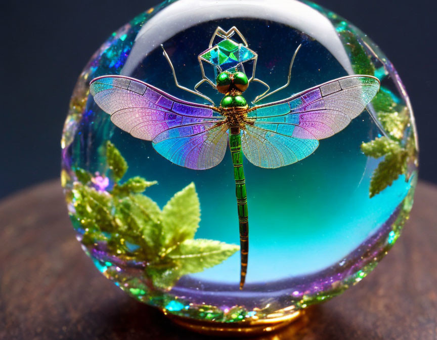 Colorful Glass Dragonfly Paperweight with Green Orb and Gold Leaves on Blue Background