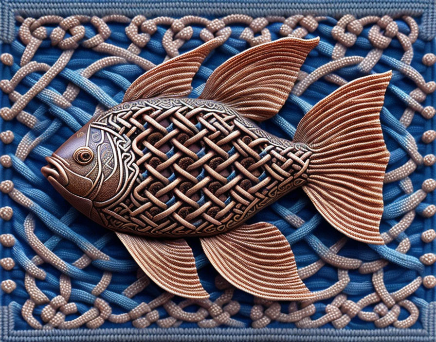 Metal Fish Sculpture on Blue Knotted Rope Background
