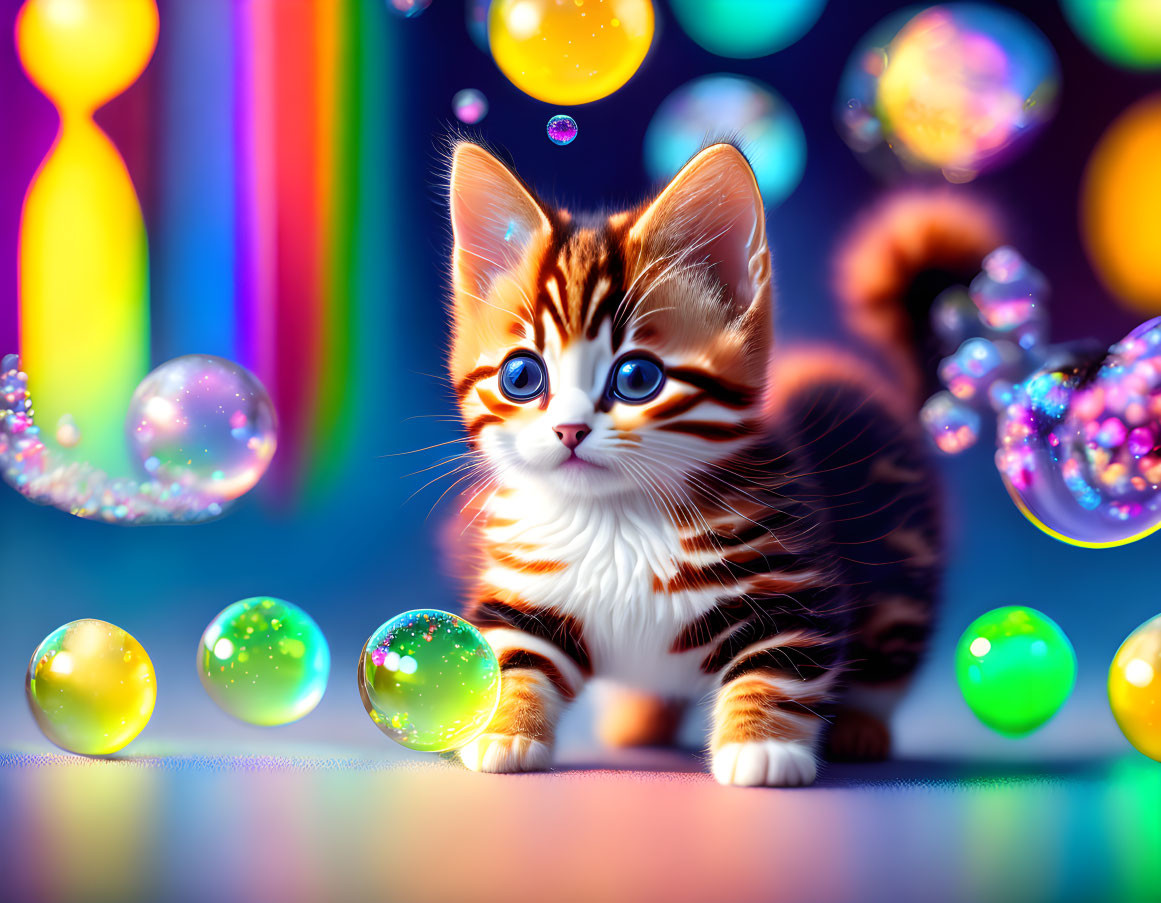 Playful Orange and White Kitten in Colorful Soap Bubbles