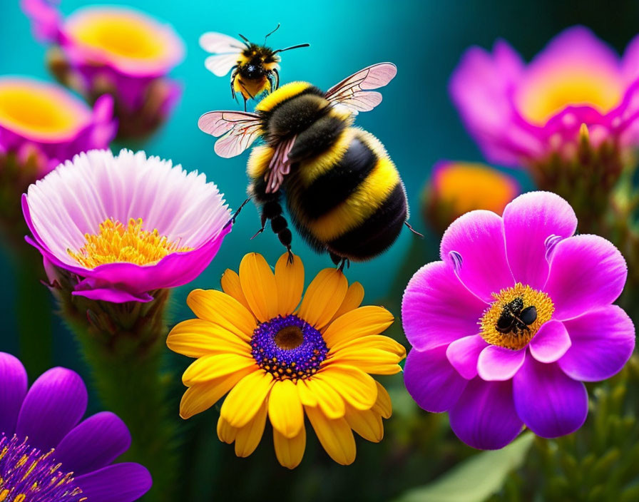 Colorful Bumblebee Flying Among Flowers