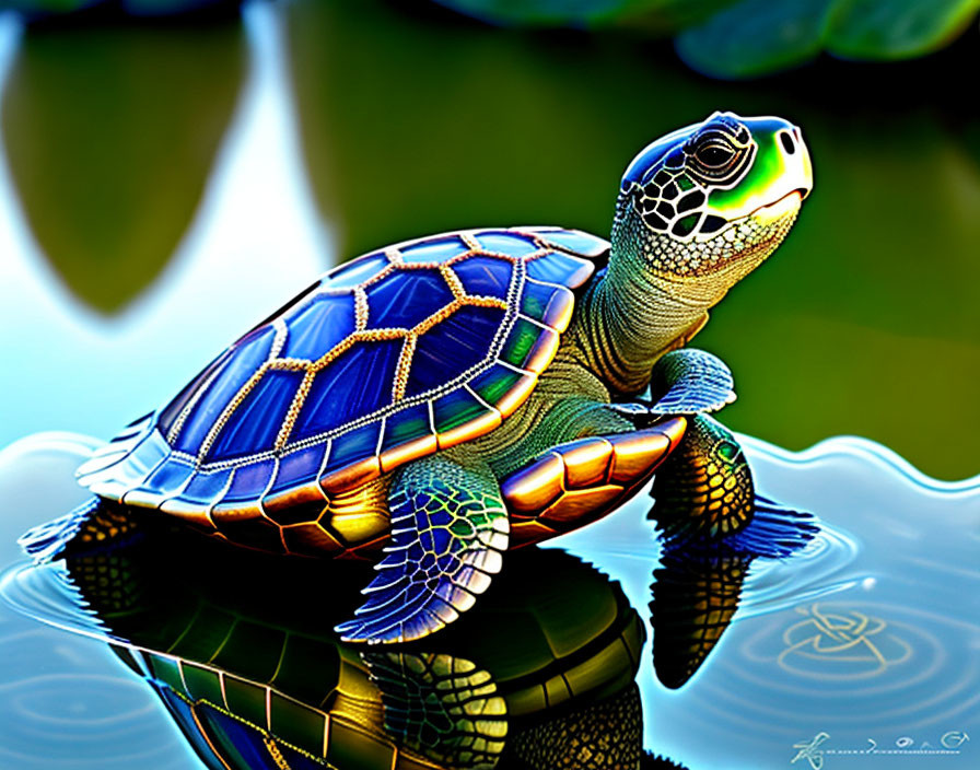 Vibrant digital artwork of a turtle on water with patterned shell