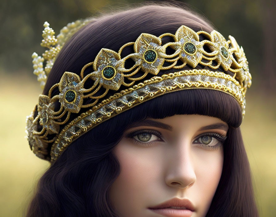 Dark-haired woman in golden leaf-patterned headband with blue gemstones