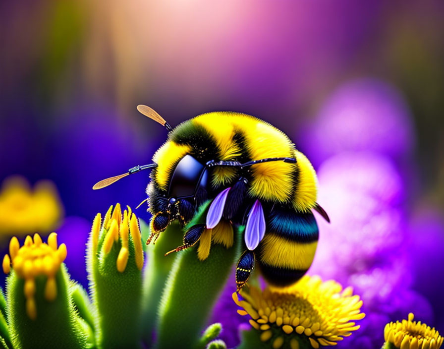 Close-up of bumblebee pollinating purple and yellow flowers