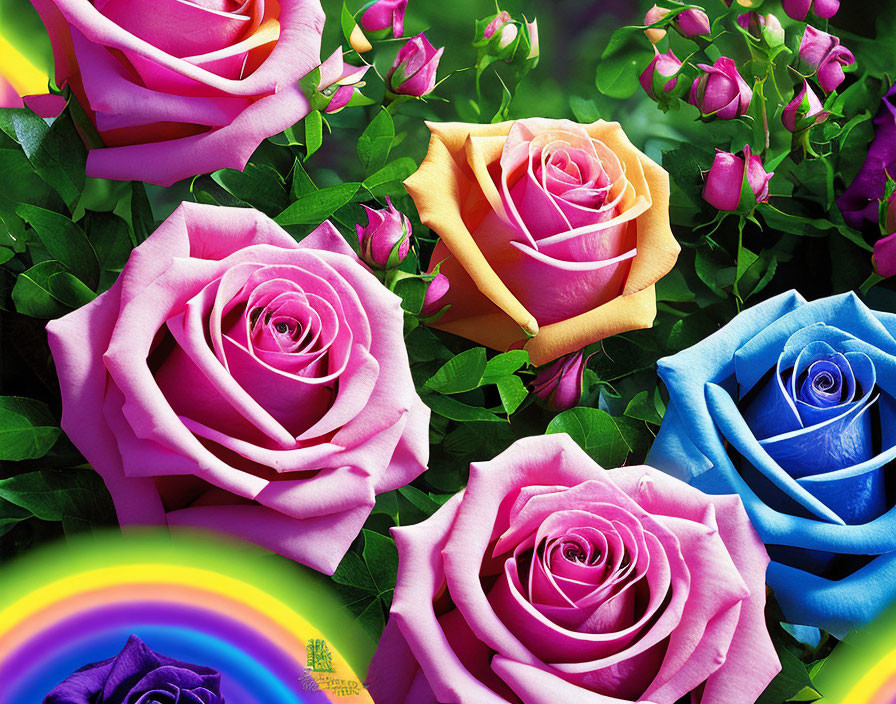 Vibrant bouquet of pink, yellow, and blue roses with green foliage