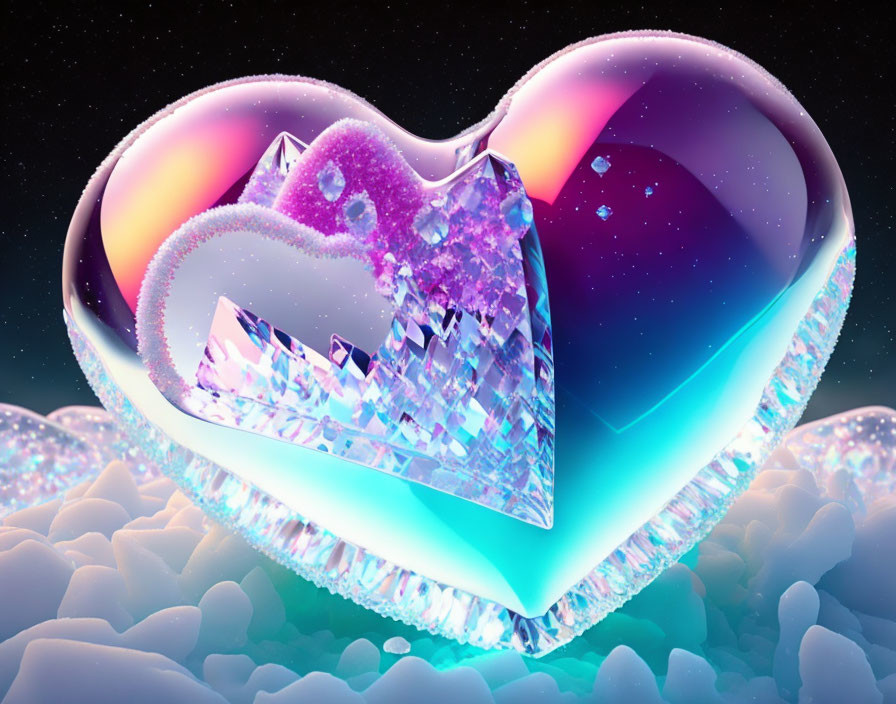 Heart-shaped crystal structure against cosmic backdrop with nebula hues.