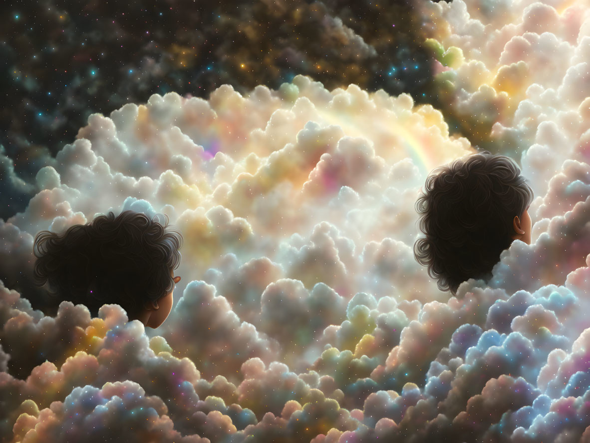 Silhouetted individuals gazing at vibrant cosmic sky with stars and rainbow