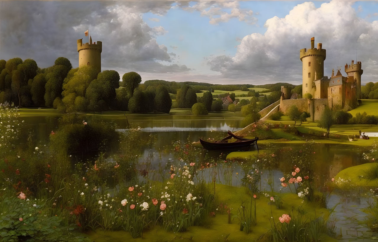 Tranquil lake scene with medieval stone towers, rowboat, and wildflowers