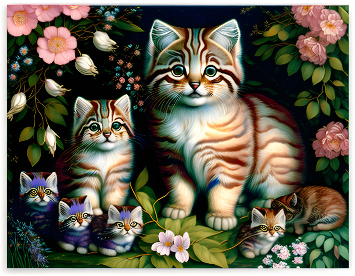 Illustration of five kittens in pink flowers and green foliage