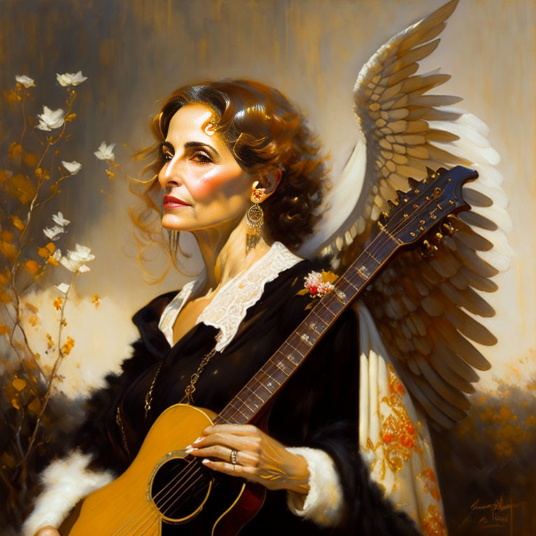 Angelic figure with wings holding guitar in elegant attire among floral backdrop