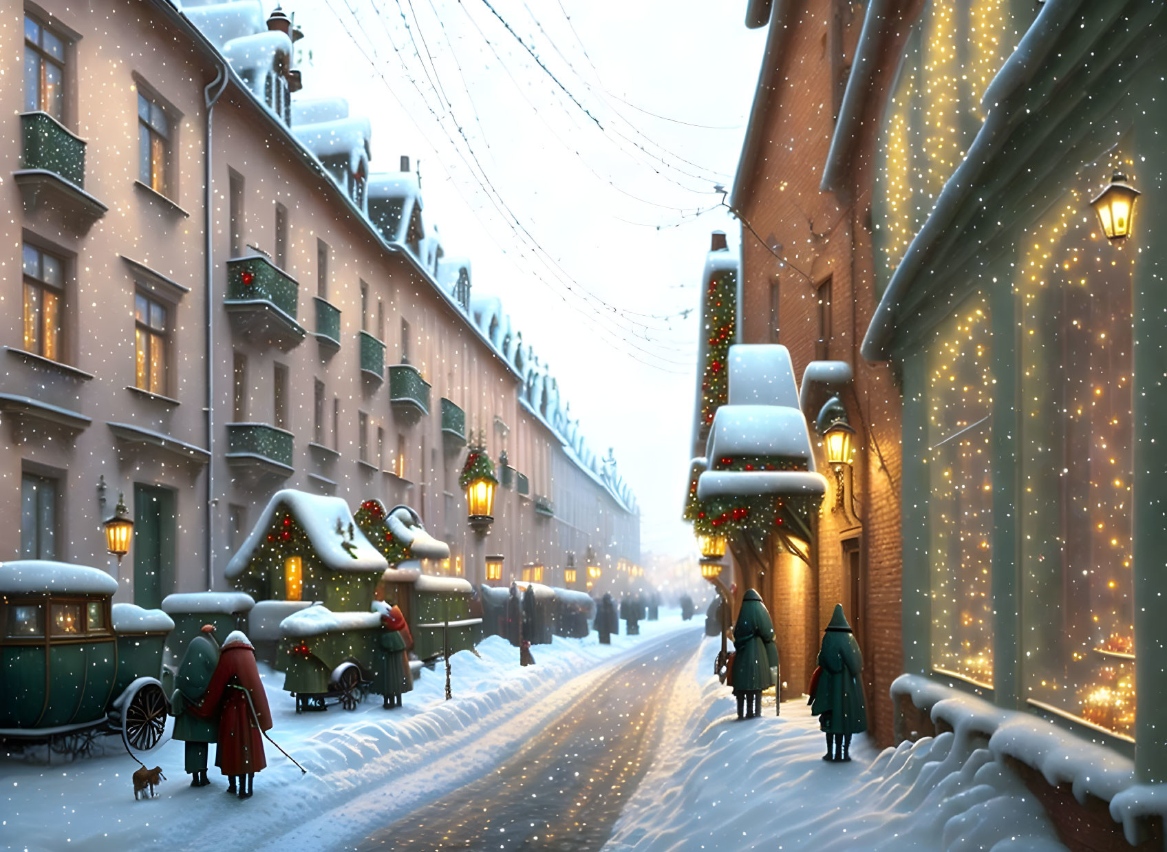 Snowy Street Scene with Vintage Cars and Festive Decorations