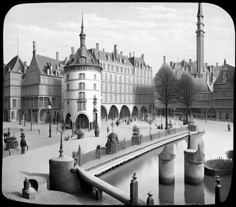 Historic city square with bridge, ornate building, and classic architecture