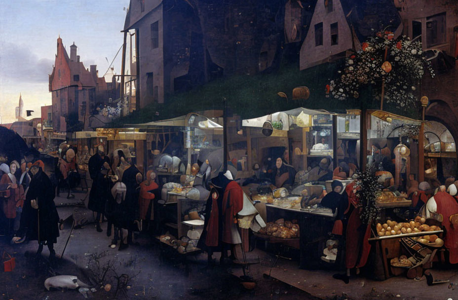 Historical marketplace scene with vendors, shoppers, and goods on display