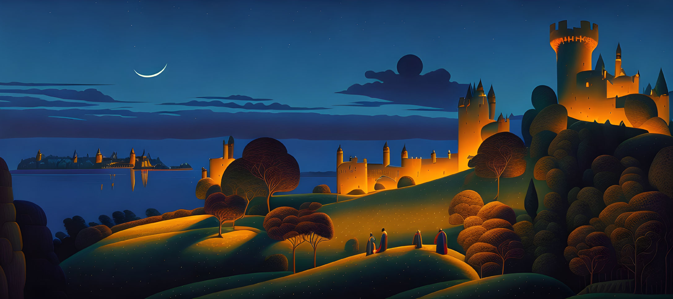 Night scene with rolling hills, silhouetted trees, and castles under crescent moon